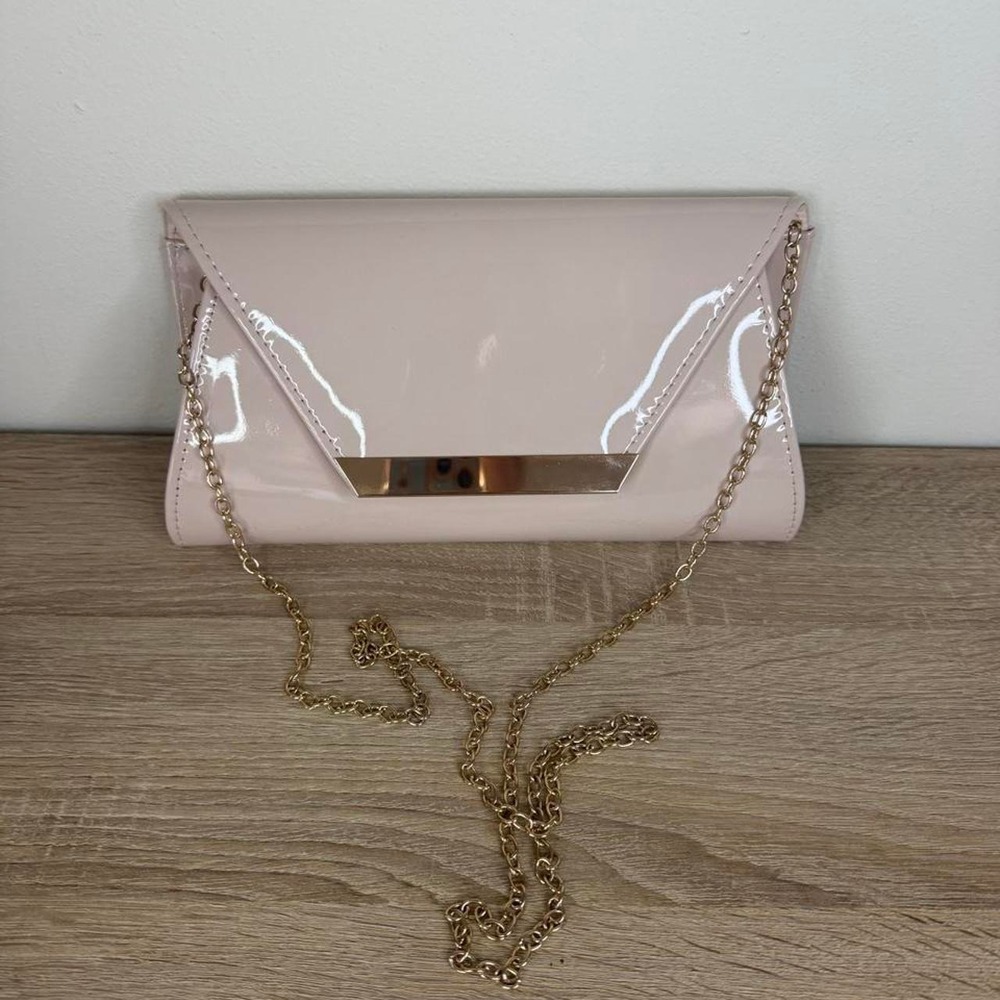 Blush Pink Patent Envelope Clutch Bag Gold Chain Crossbody Evening Wedding